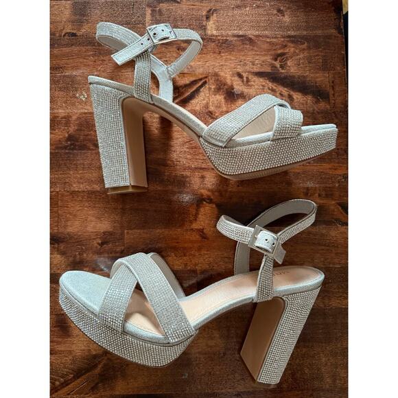 Maripe Silver Open Toe Chunky High Heel Rhinestone Platform Sandals size 11 - Picture 2 of 9